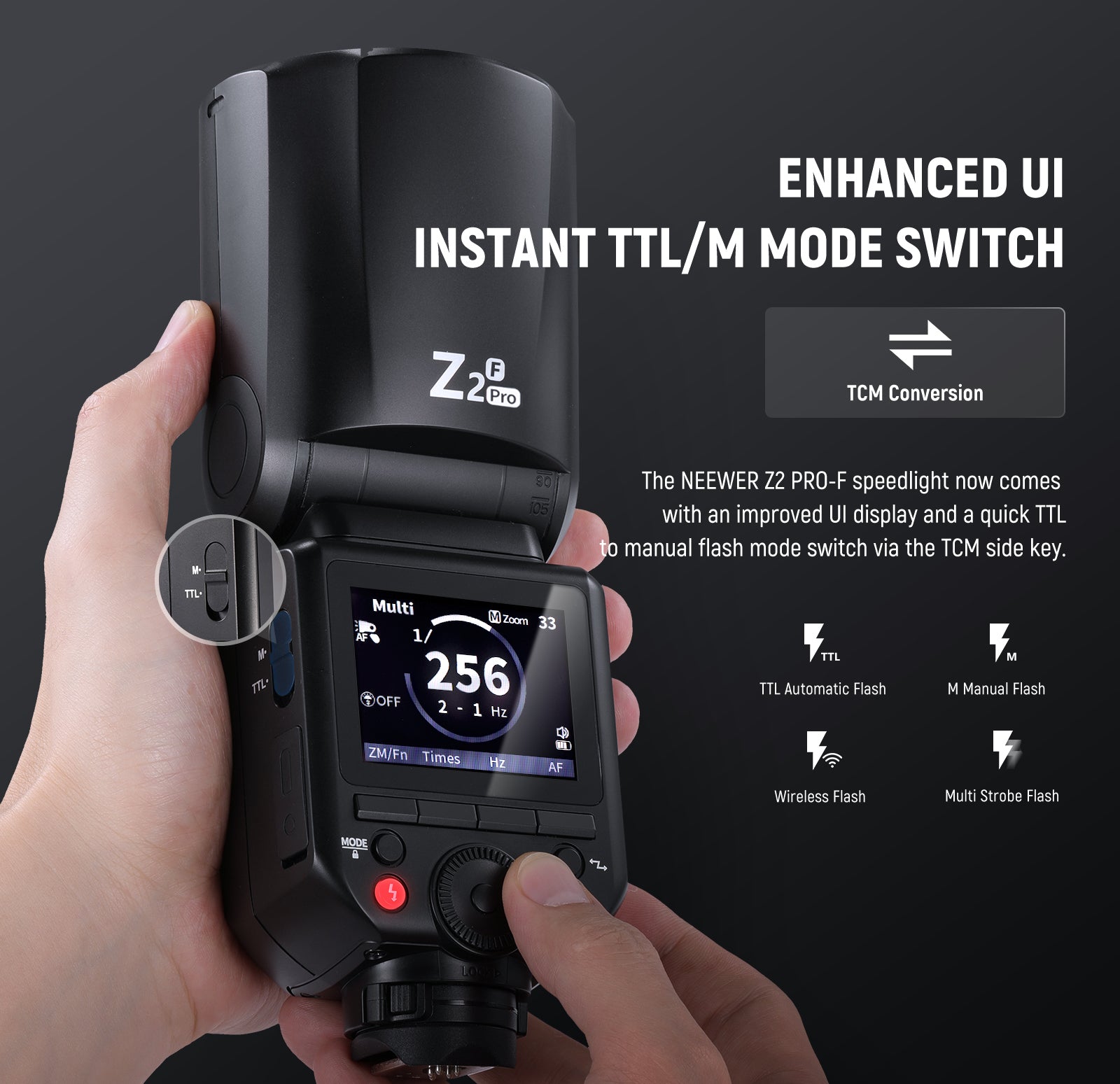 NEEWER Z2PRO-F Round Head Speedlite Flash has an upgraded UI and a TCM key