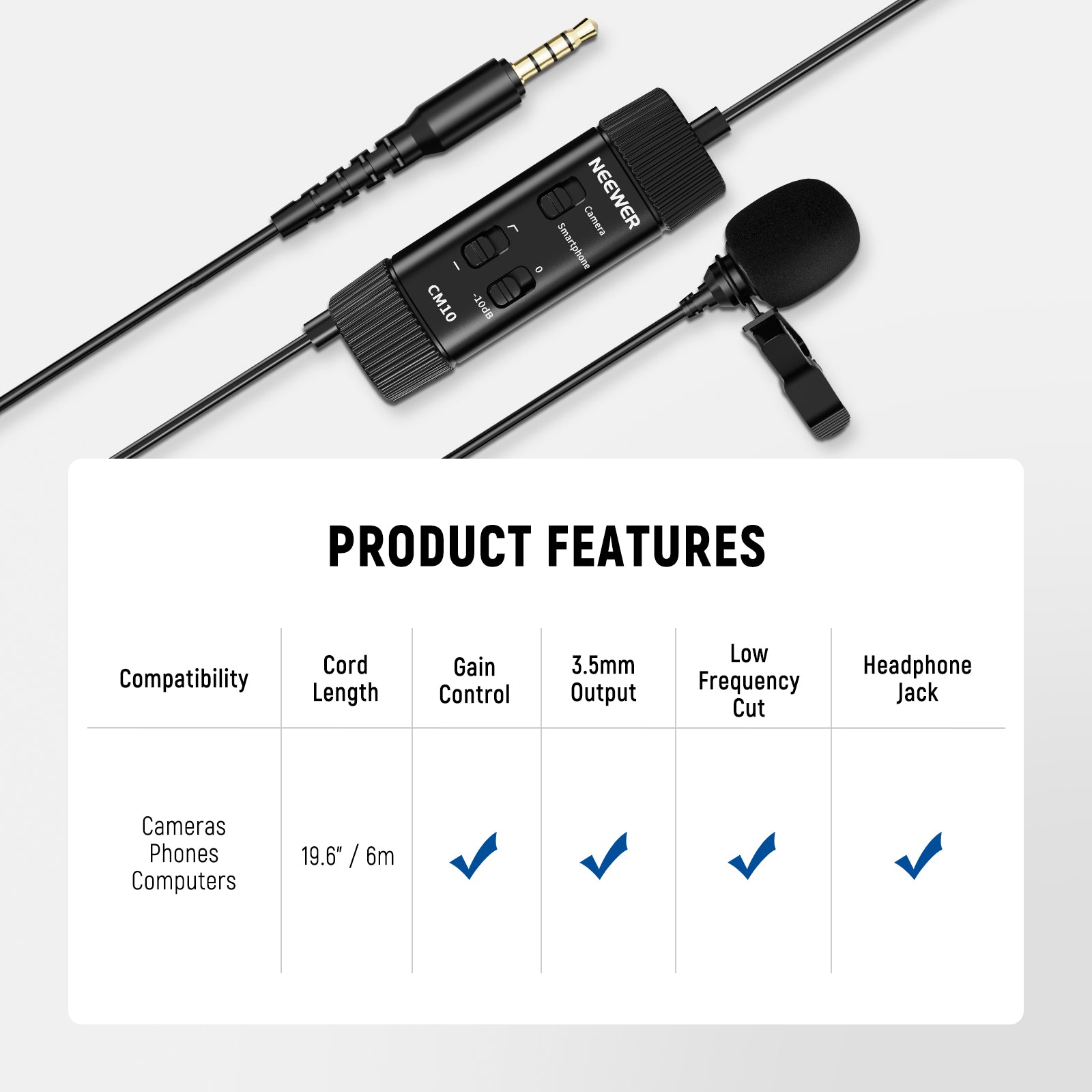 Product Features of the NEEWER CM10 Plug & Play Lavalier Microphone