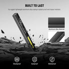 Its sturdy yet lightweight aluminum alloy casing is splash proof and impact resistant