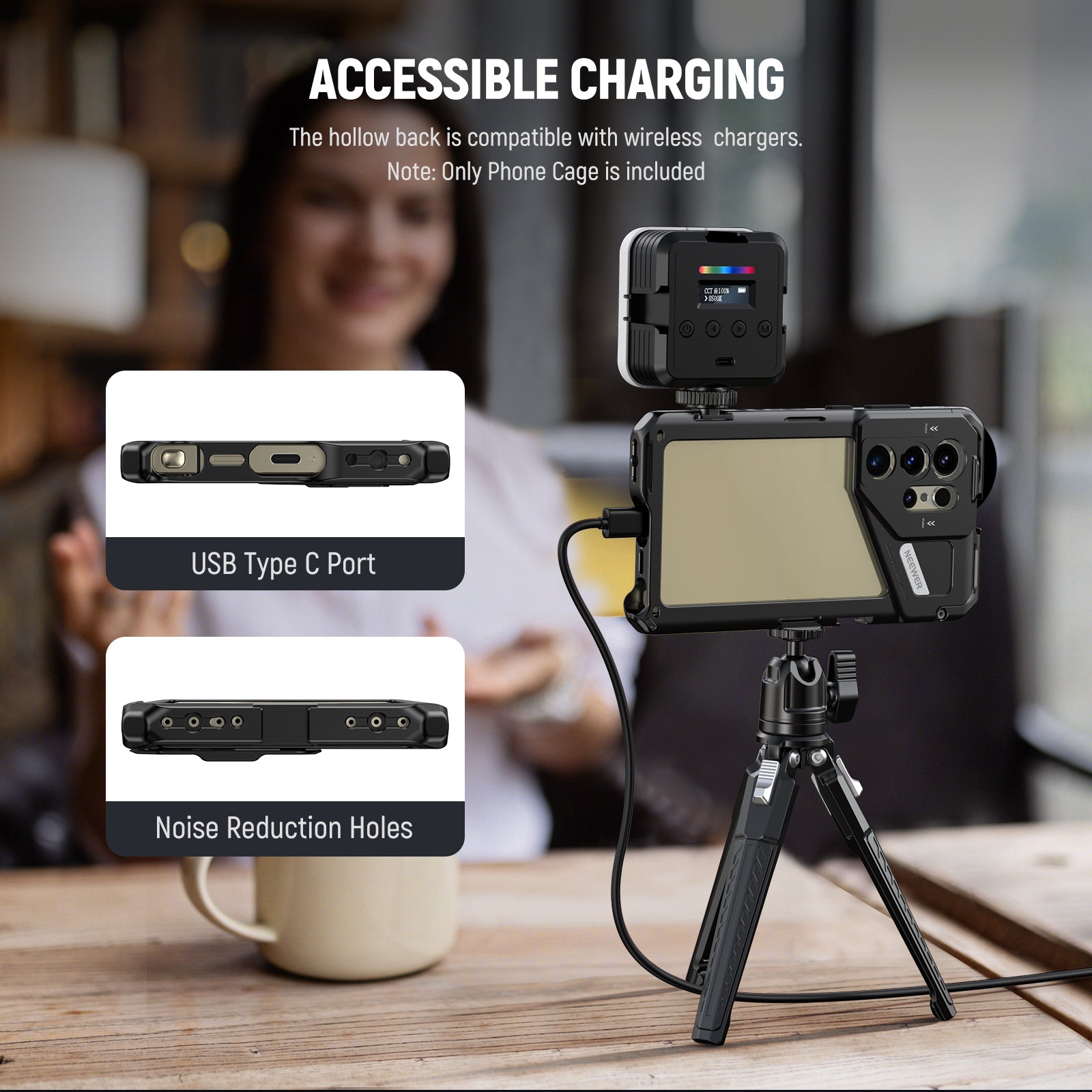 NEEWER PA042 Phone Cage For SAMSUNG S24 Ultra ensures accessible charging.