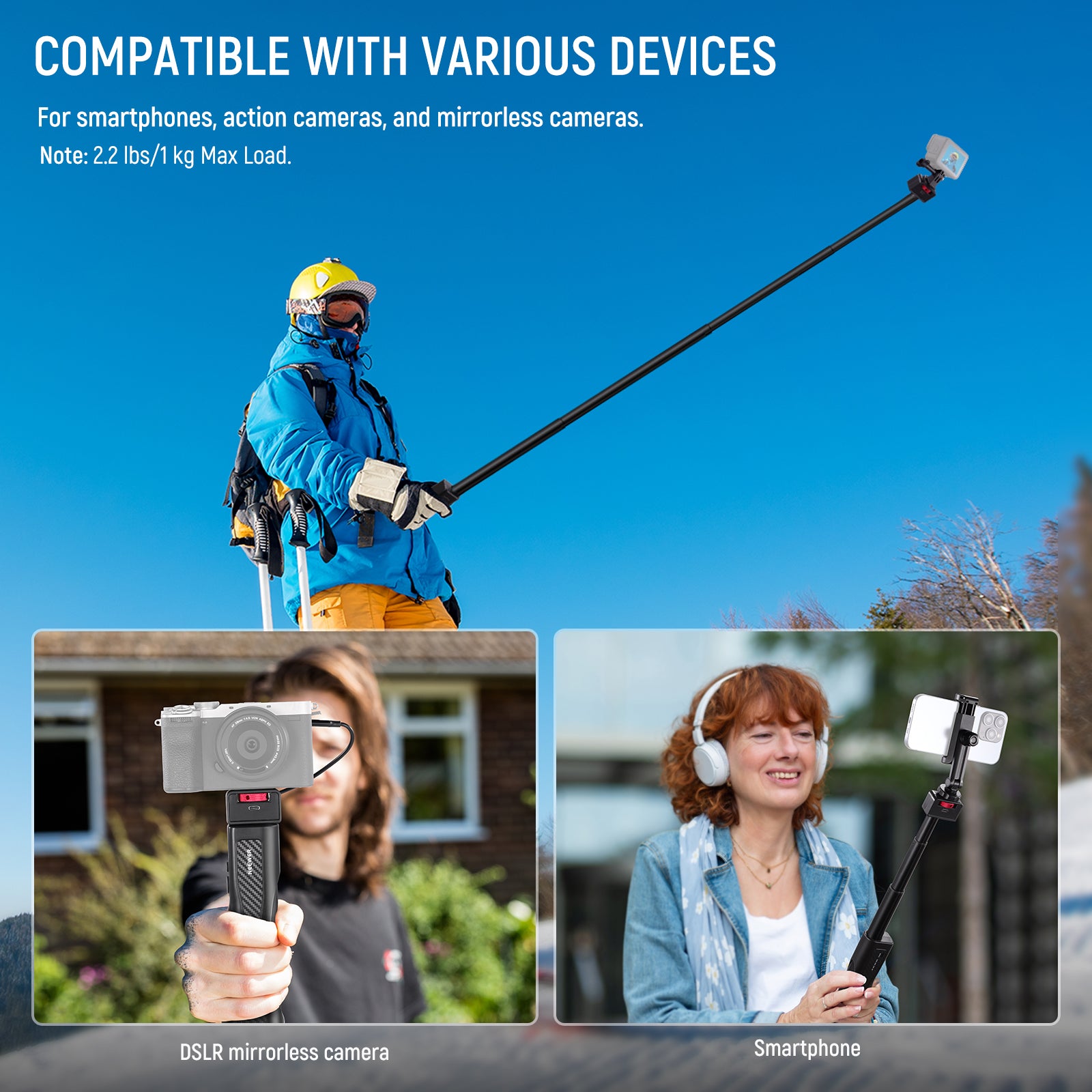 NEEWER PA993 31.5" Rechargeable Selfie Stick is compatible with various devices.