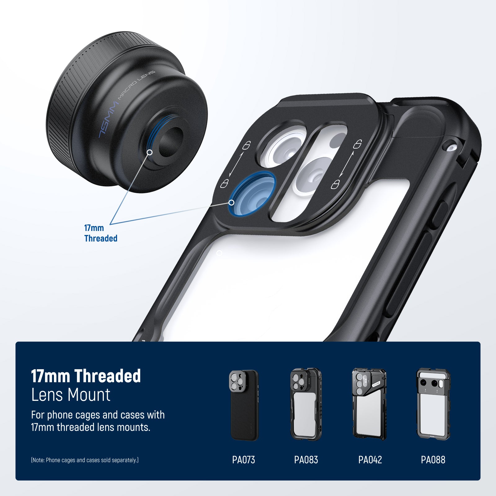 Attach the phone lens clip to the main camera and mount the lens via the 17mm thread.
