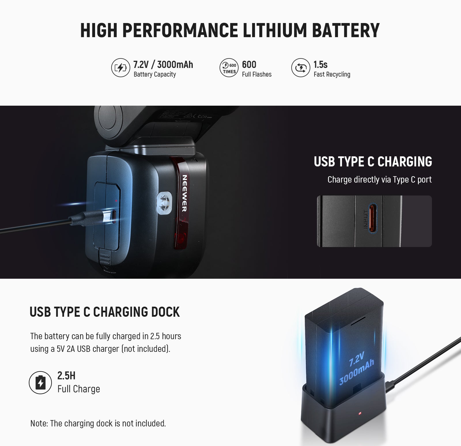 NEEWER Z2PRO Round Head Speedlite Flash features a high capacity battery.