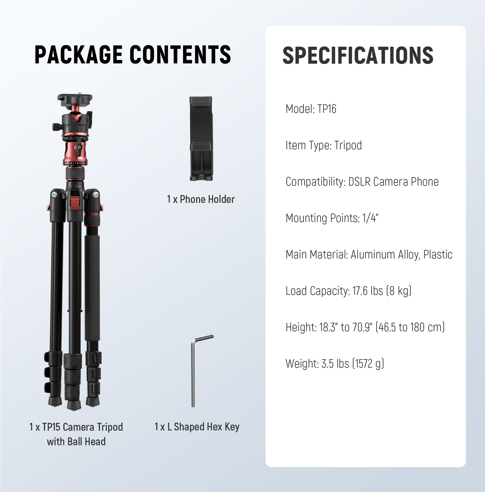 Specifications of the NEEWER TP16 Tall Tripod Monopo