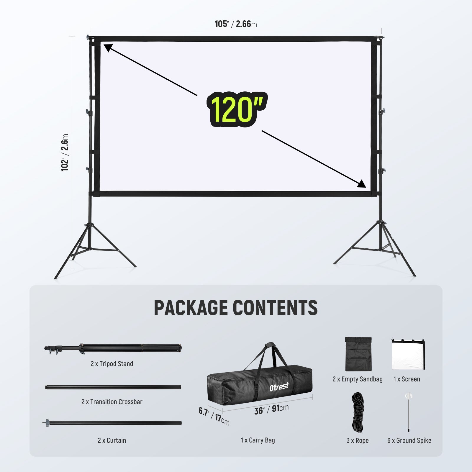 Package Contents of the OTREST 120" Portable Projector Screen with Stand