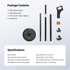 This package includes a microphone stand, a mic clip, a 3/8" to 5/8" screw adapter, and two cable clips.