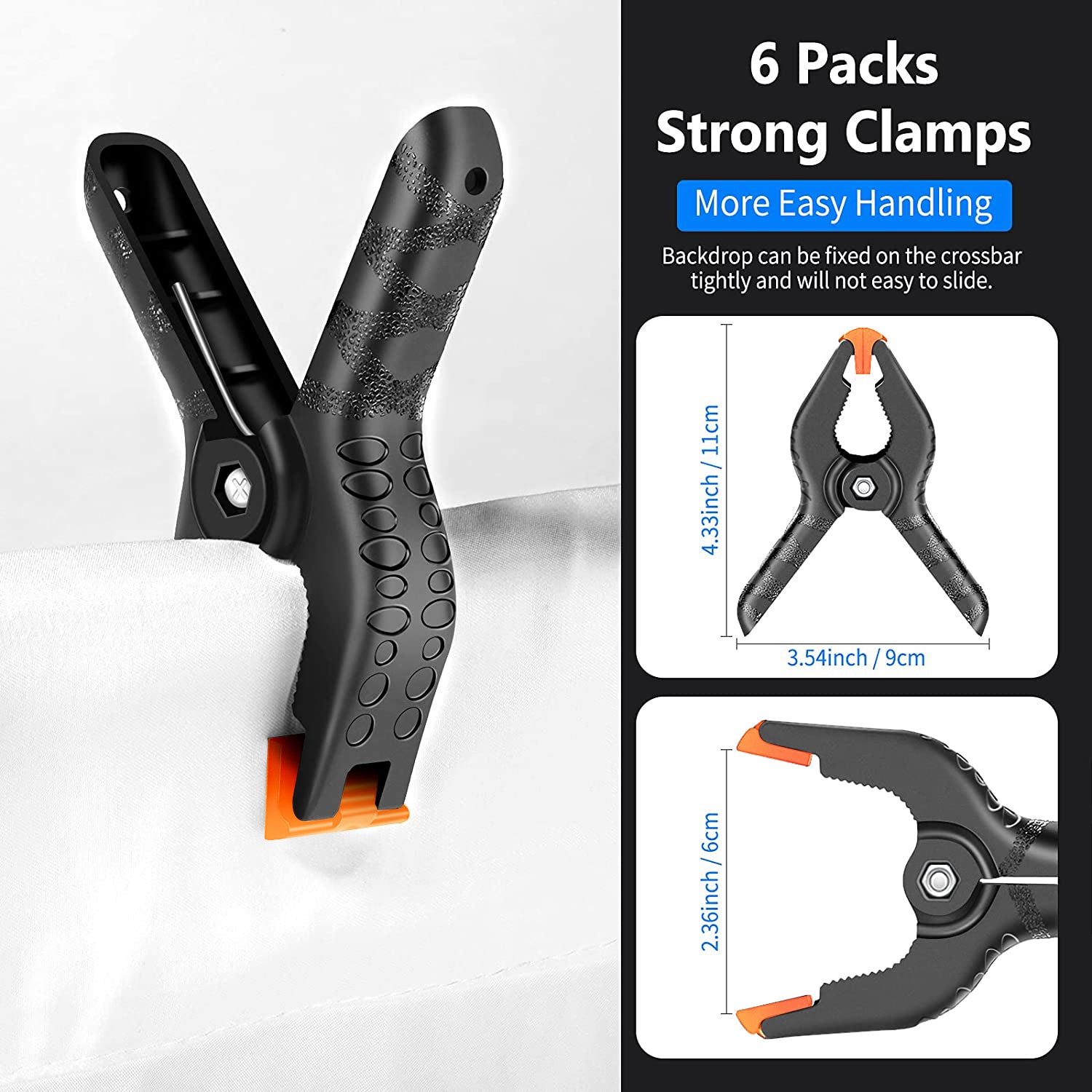 This photography lighting kit includes 6 packs strong clamps.