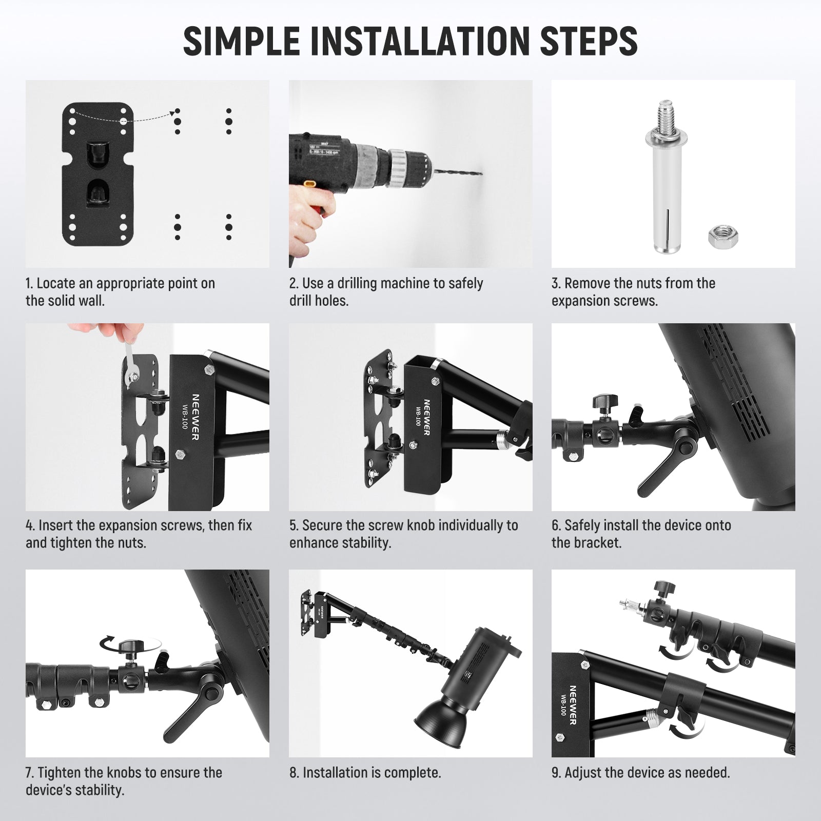 Installation steps of the NEEWER WB-100 116cm Triangle Wall Mounting Boom Arm