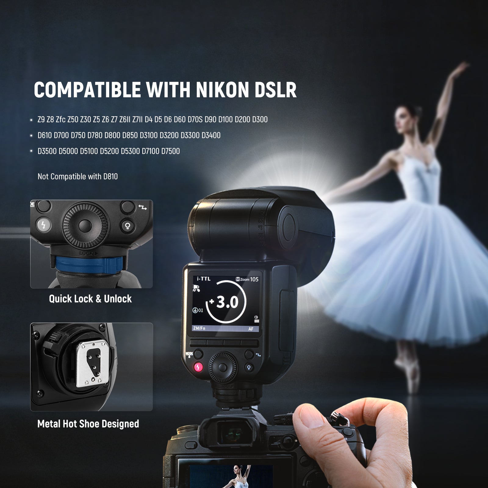 NEEWER Z2PRO-N Round Head Speedlite Flash is compatible with Nikon DSLR