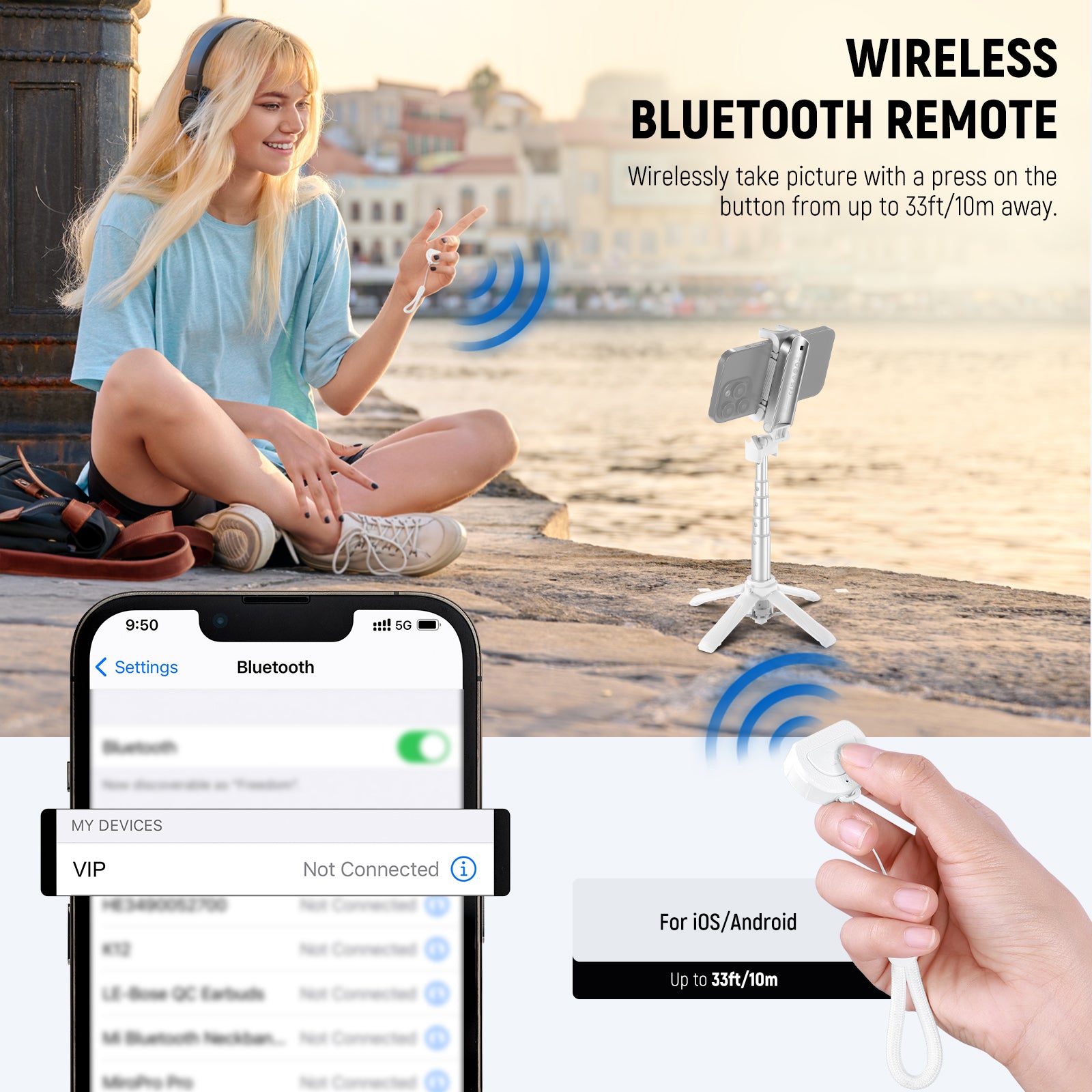 NEEWER P15 3-in-1 Handheld Selfie Stick Tripod kit includes a Bluetooth shutter release