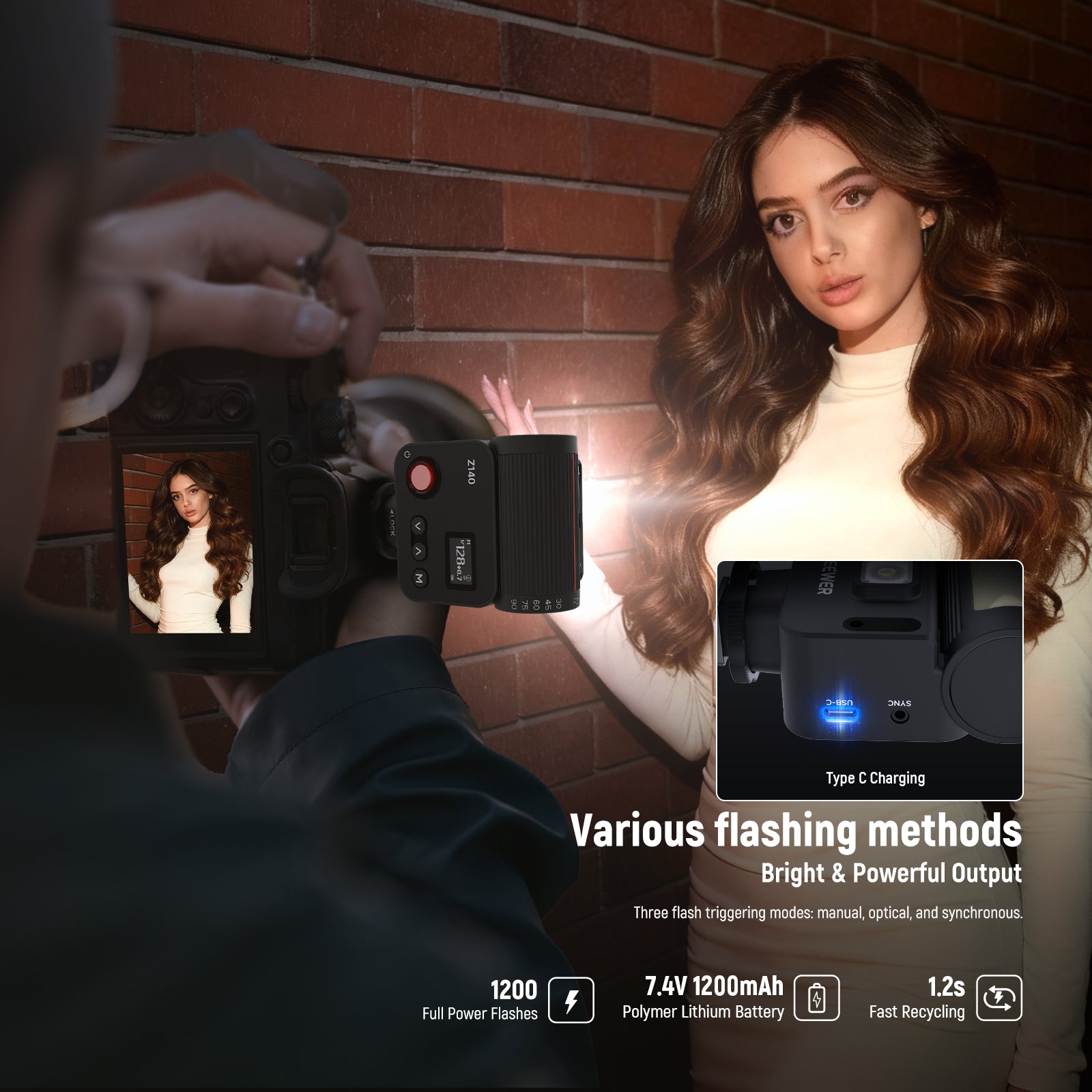 A photographer is using the NEEWER Z140 Mini Camera Flash Light for portrait photography.