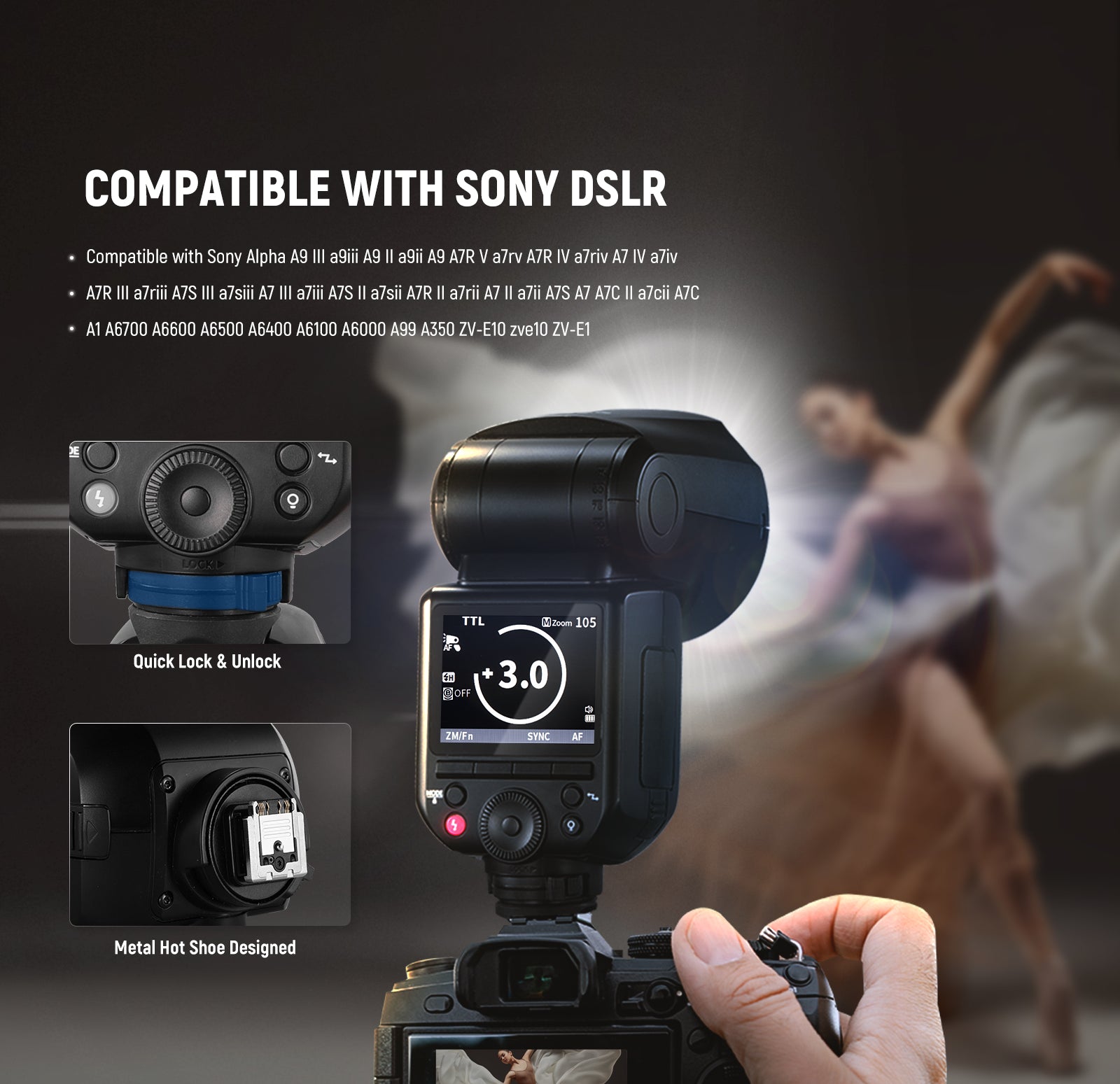 NEEWER Z2PRO-S Round Head Speedlite Flash is compatible with Sony DSLR