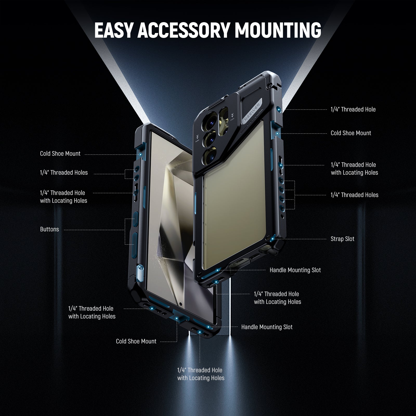 NEEWER PA042 Phone Cage For SAMSUNG S24 Ultra offers multiple accessory mounting points.