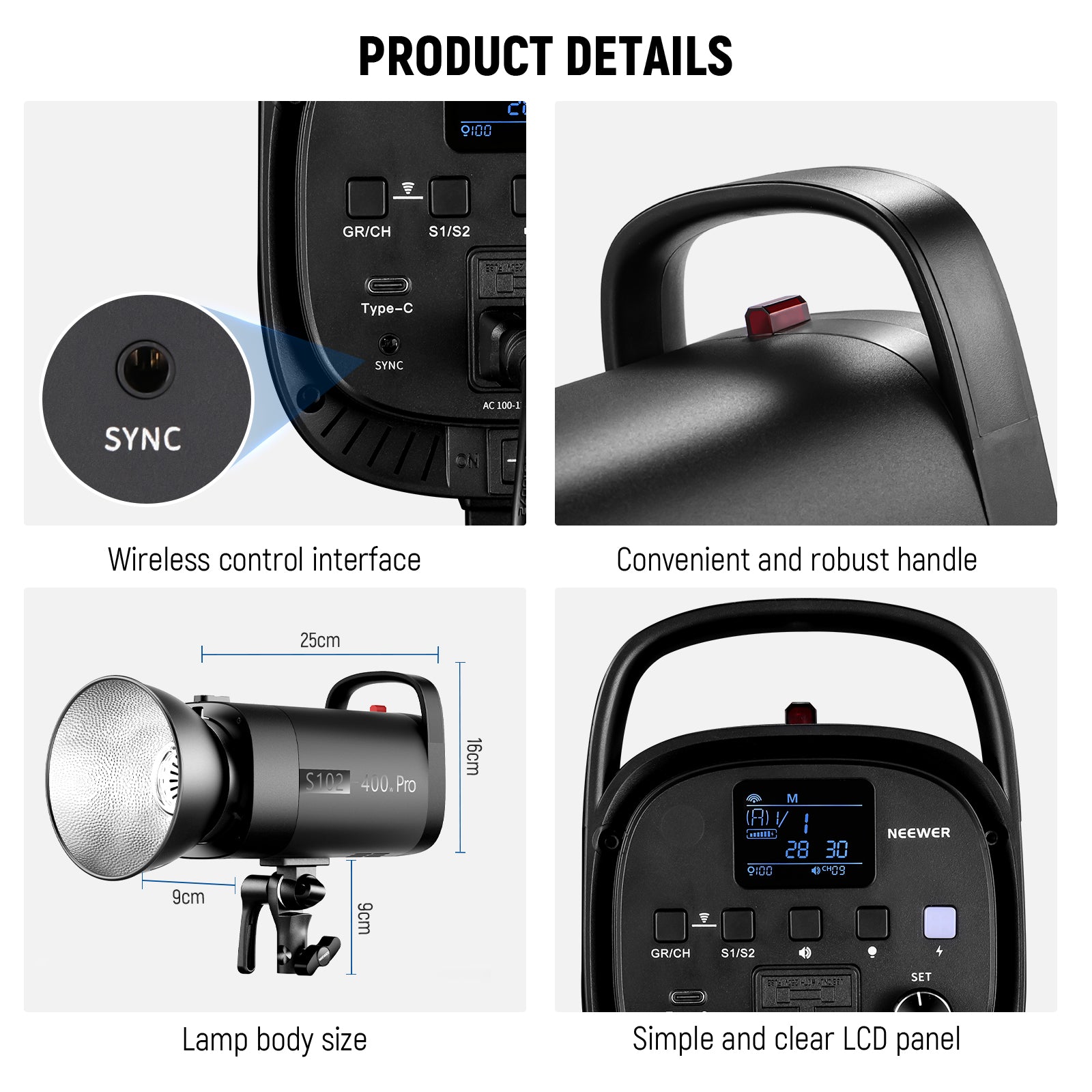 Product detail of the NEEWER S102-400W PRO Studio Monolight Flash Kit