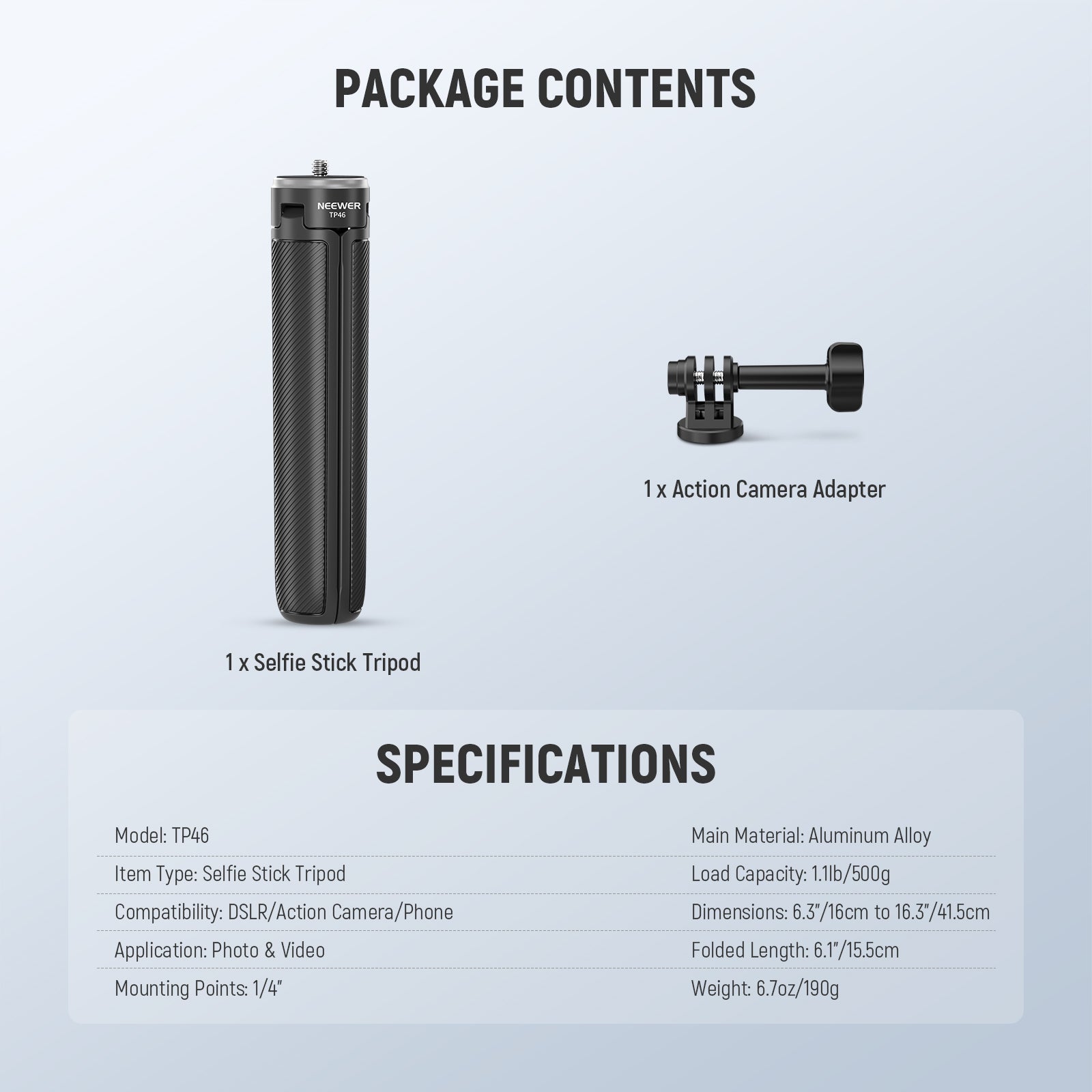 Package Contents of the NEEWER P46 Selfie Stick Tripod