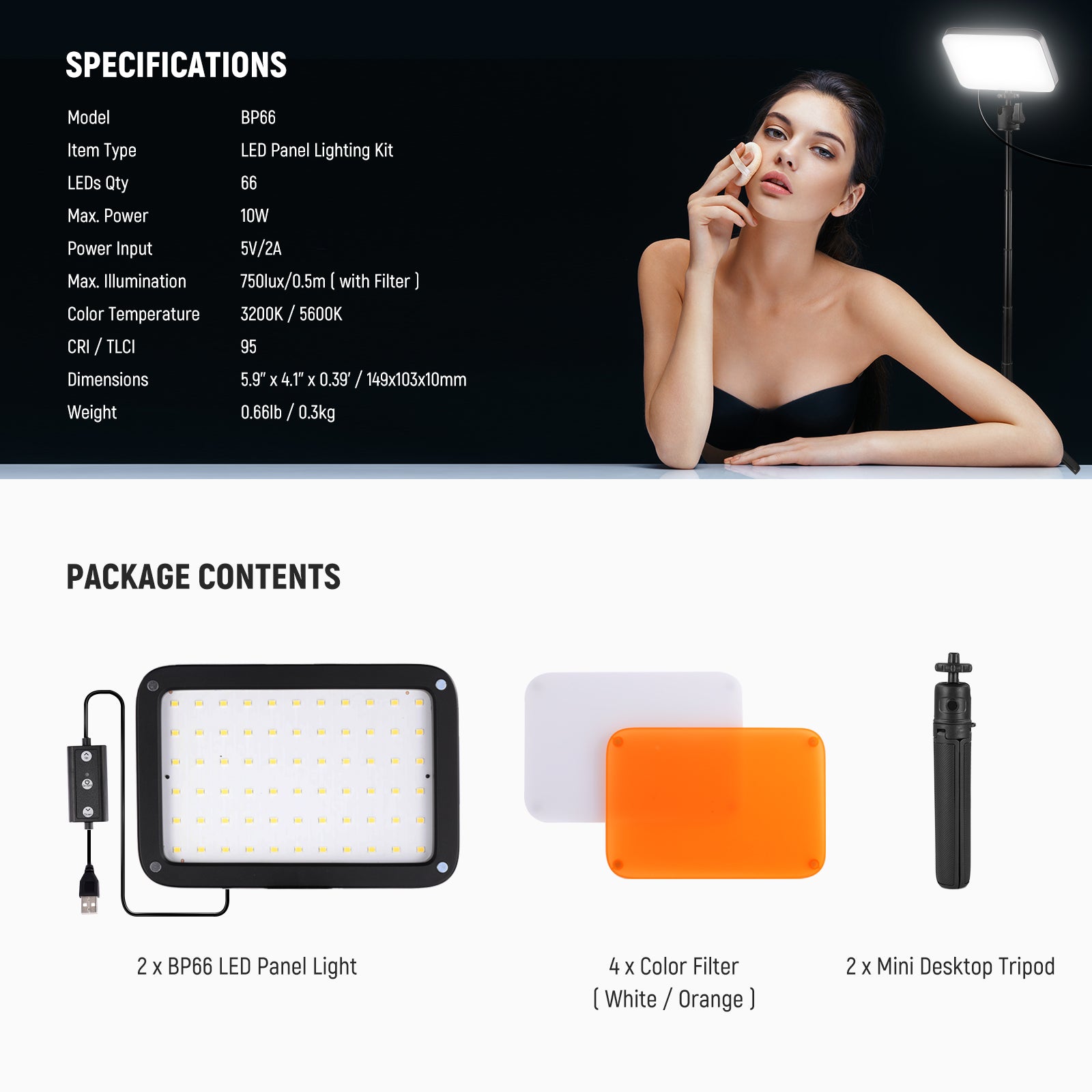 Package Contents of the NEEWER BP66 2 Pack LED Panel Light with Mini Desk Stand Kit