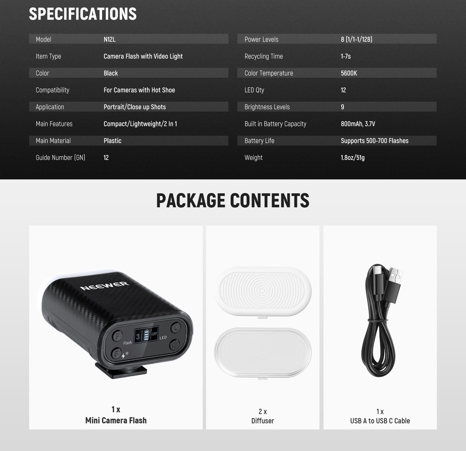 Package Contents of the NEEWER N12L Mini Camera Flash with Video Light kit