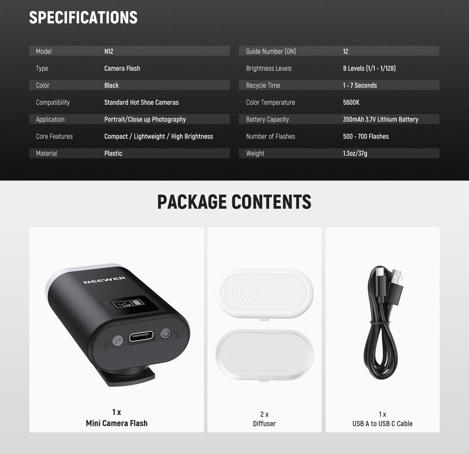 Specifications of the NEEWER BASICS N12 Mini Camera Flash
