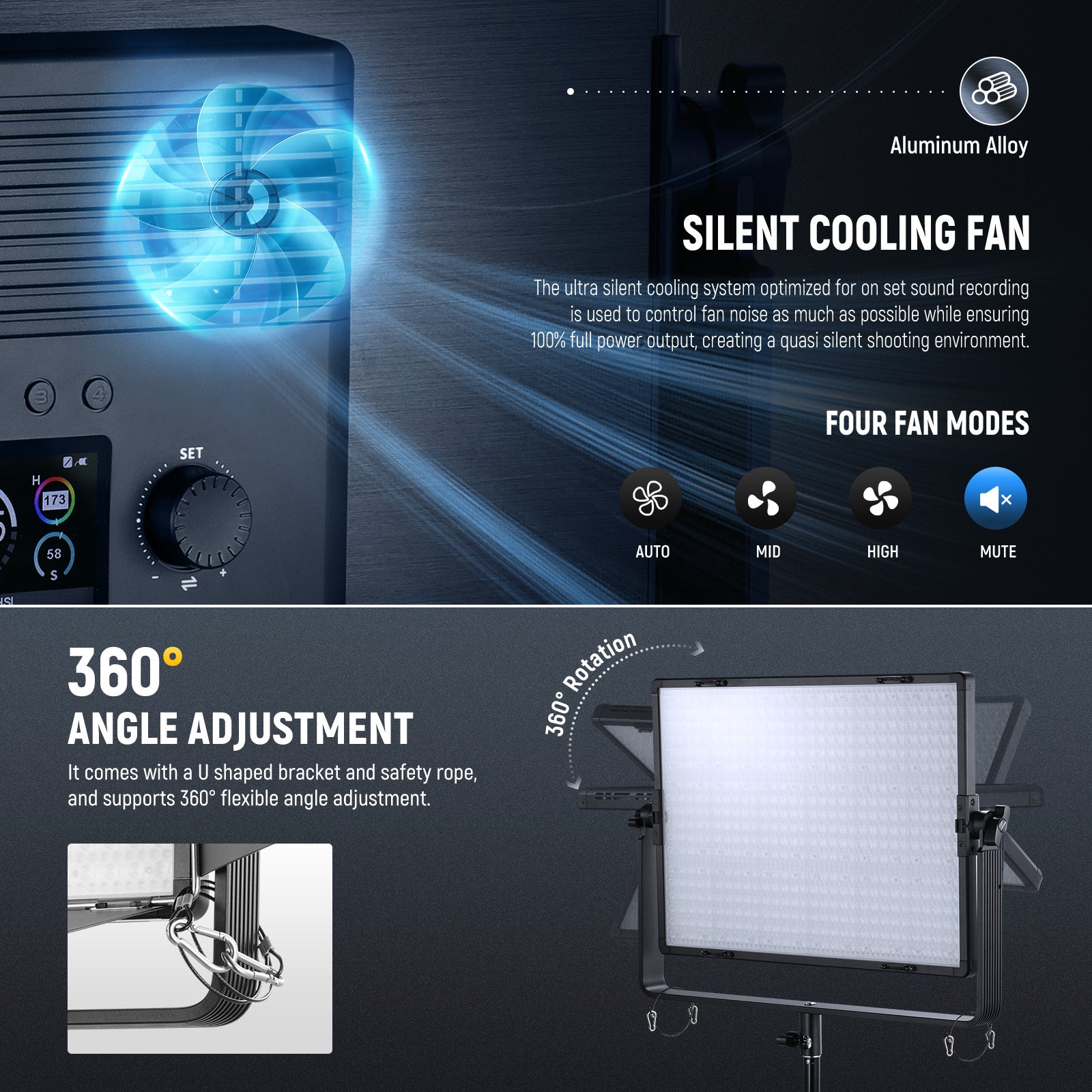NEEWER AP150C 150W RGB Video Light features the silent cooling fan.
