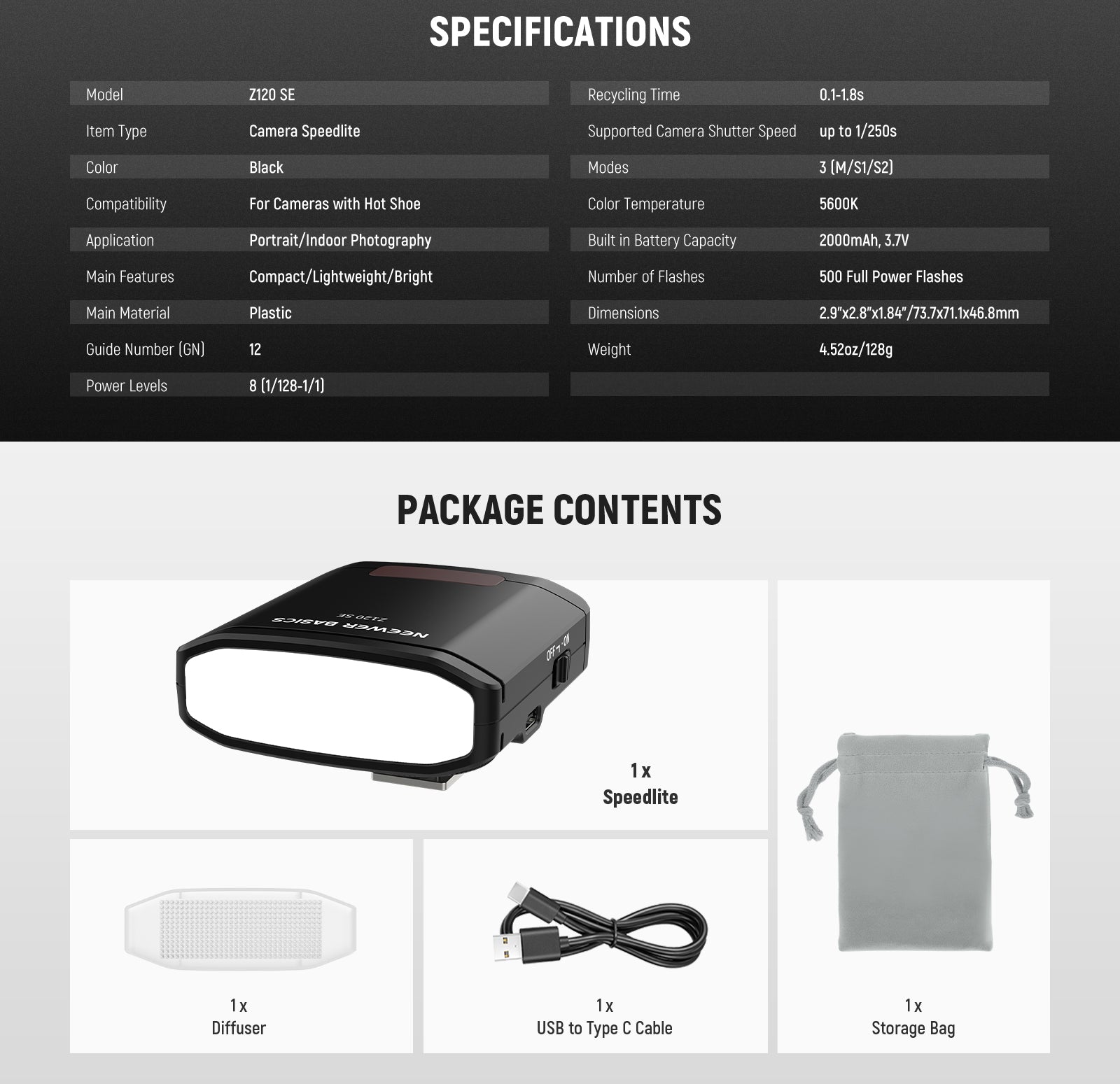 Specifications of the NEEWER Z120 SE Mini Camera Flash