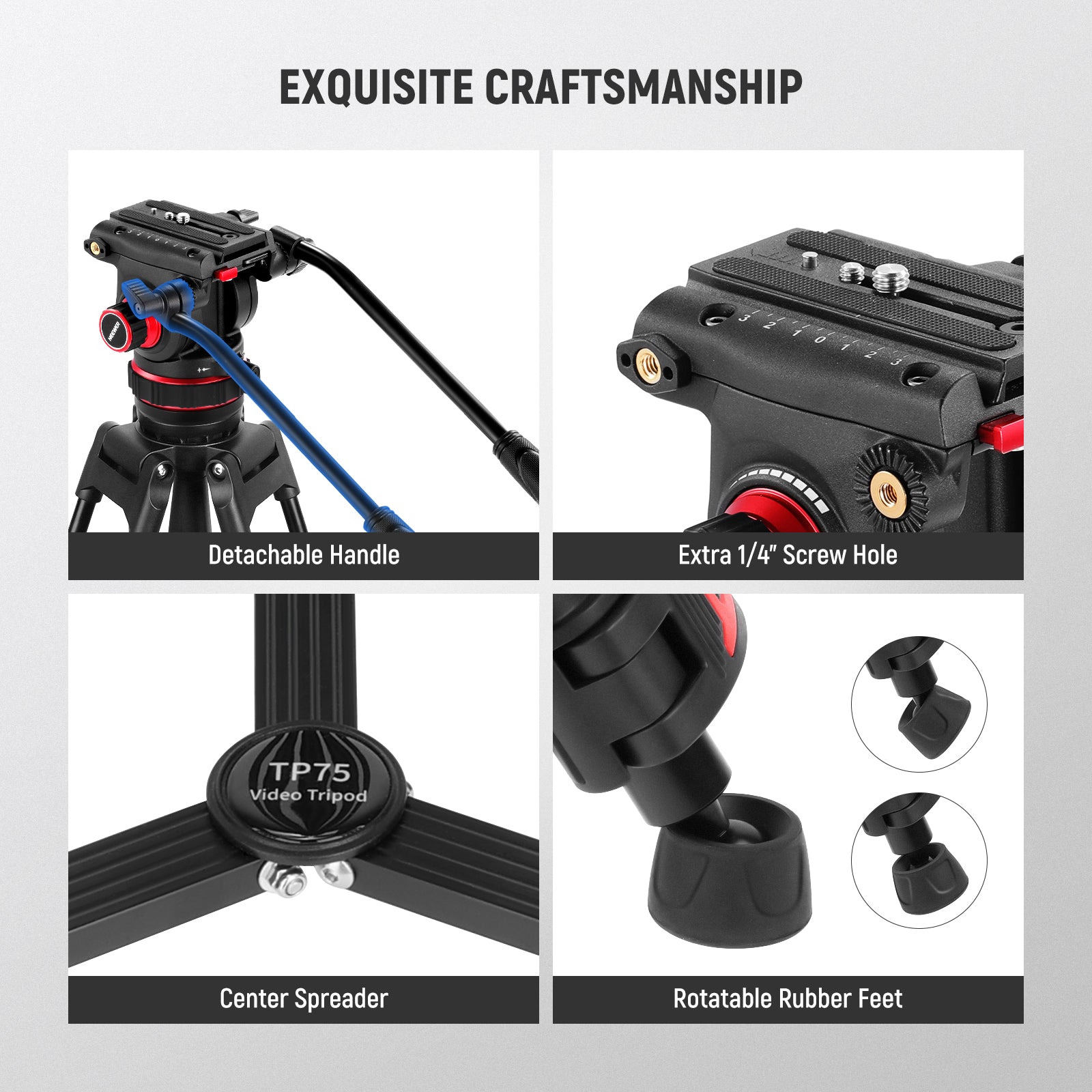 NEEWER TP75 Pro Video Tripod features rptatable rubber feets.