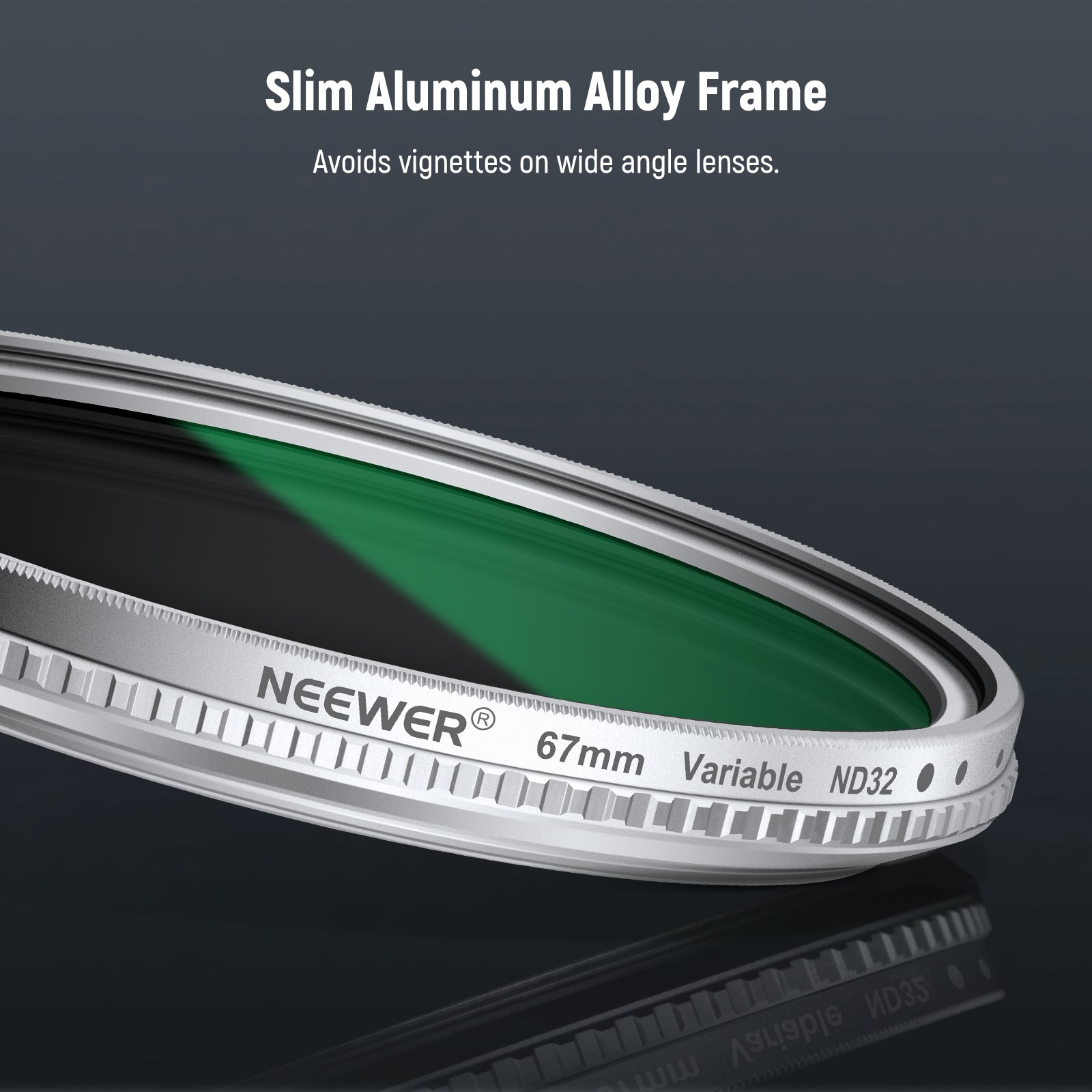 Engineered with robust aluminum alloy, the slim and sleek silver frame effectively prevents vignetting on wide angle lenses.