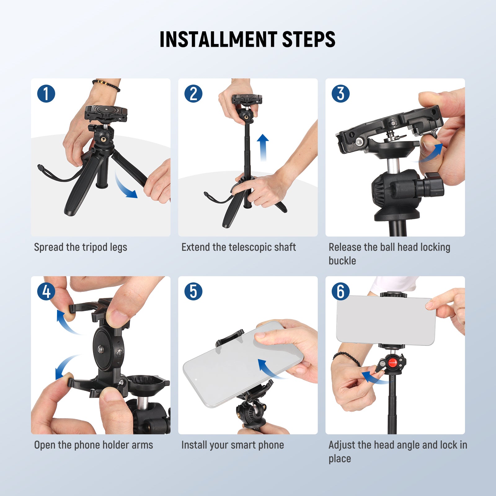 Installment steps of the NEEWER TP38 Phone Camera Tripod