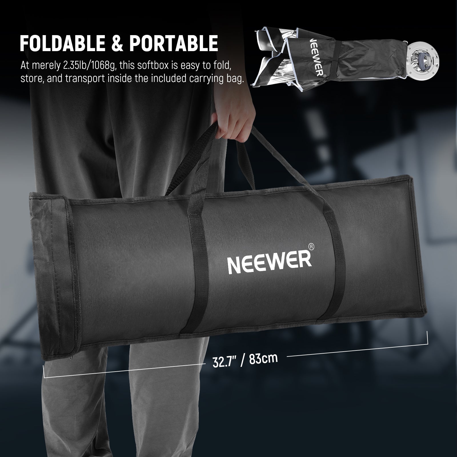 NEEWER NS93P Rectangular Softbox is foldable and portable.