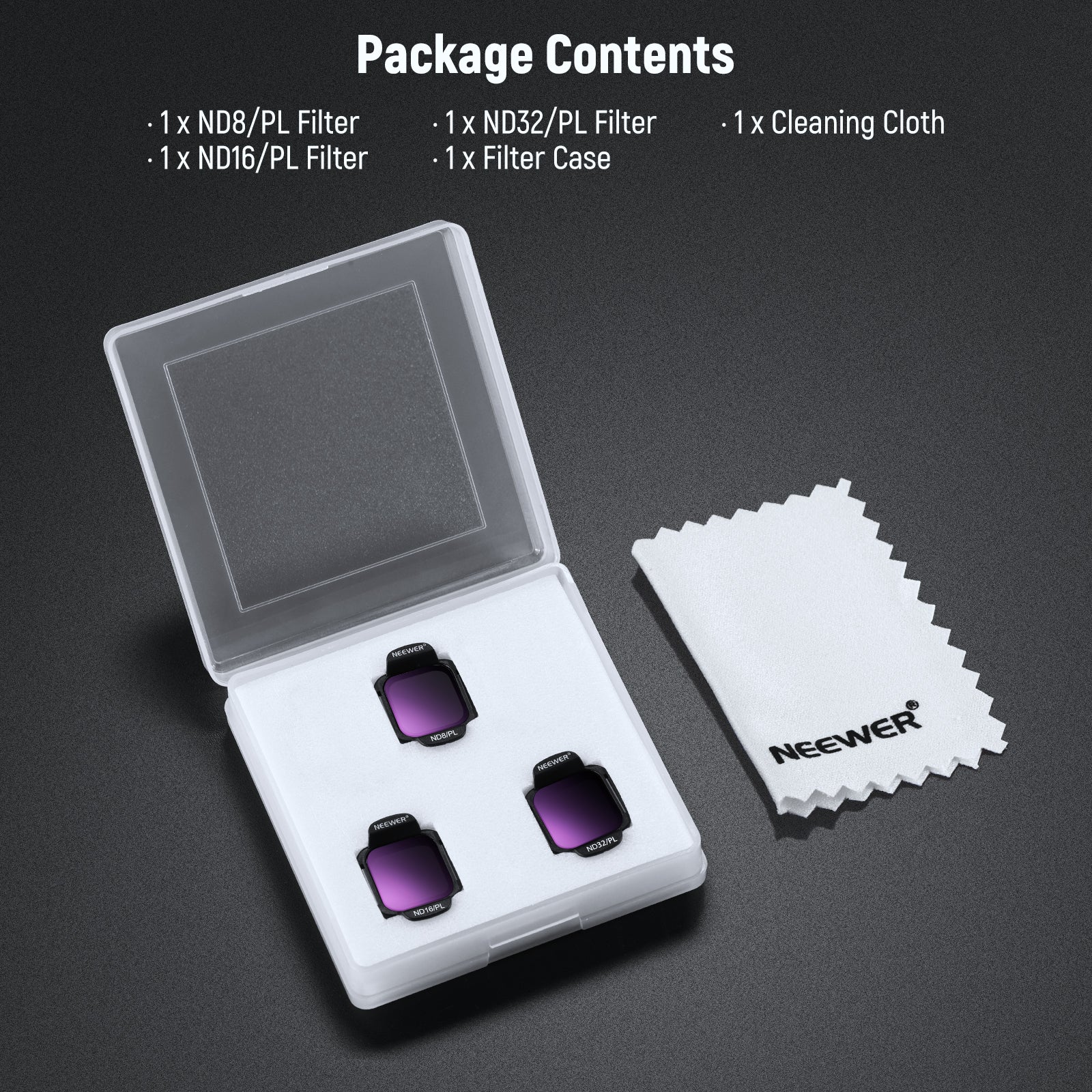 Package Contents of the NEEWER FL-N37 3-Pack ND/PL Filter Set for DJI Flip Drone