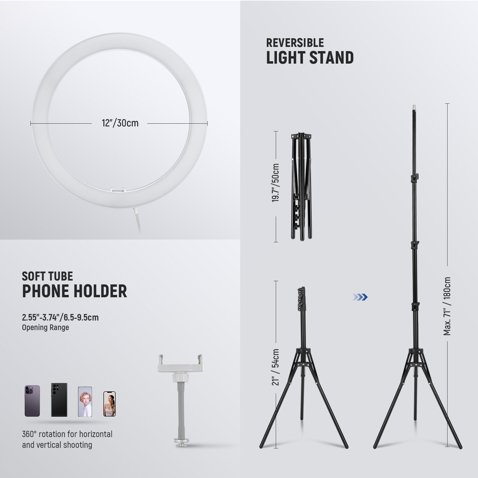 NEEWER RH12B Pro LED Ring Light Kit includes a reversible light stand.