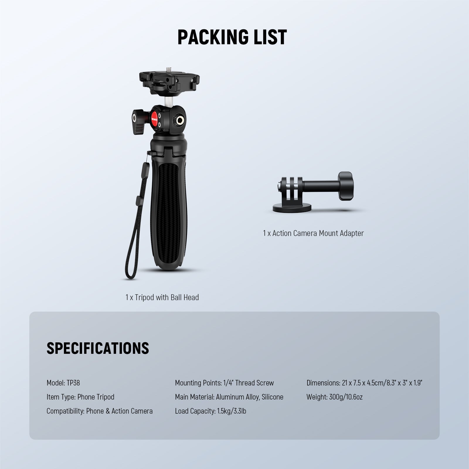 Package List of the NEEWER TP38 Phone Camera Tripod