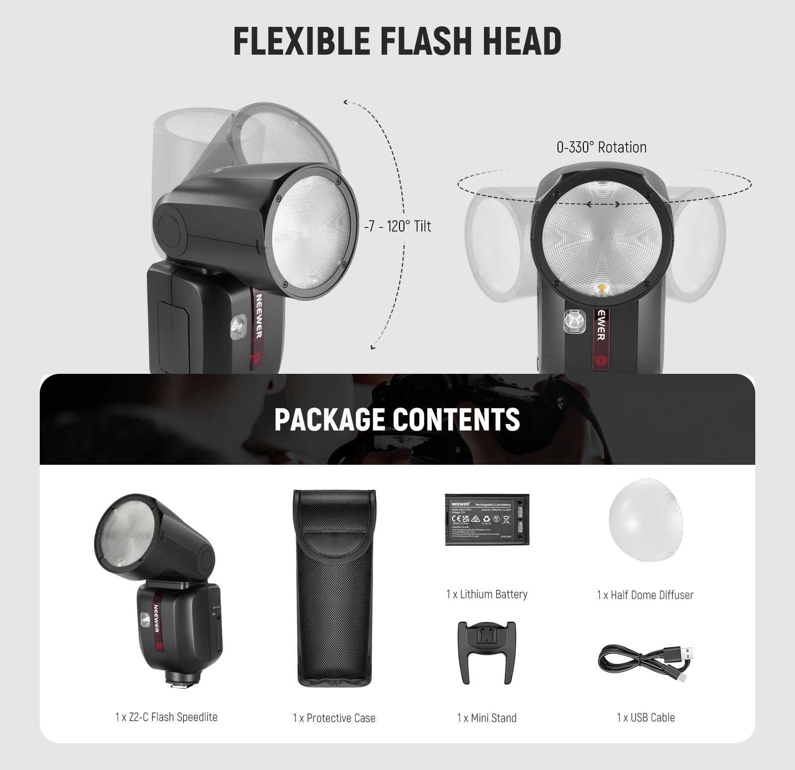 Package Contents of the NEEWER Z2 TTL Round Head Flash Speedlite with Diffuser