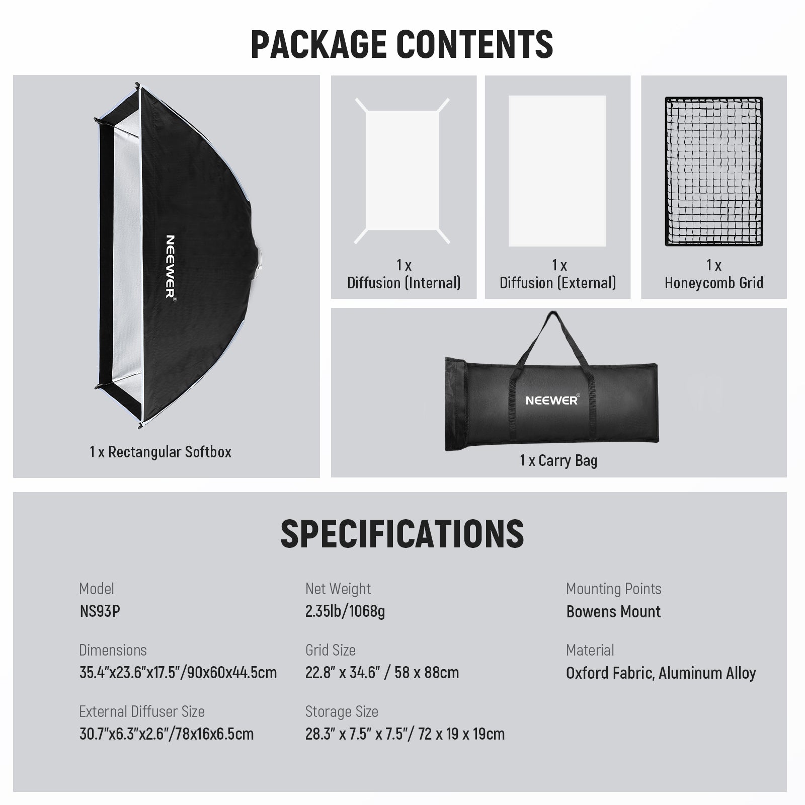 Package Contents of the NEEWER NS93P Rectangular Softbox