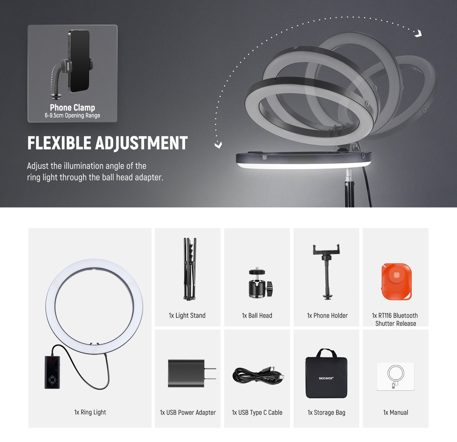 Package Contents of the NEEWER RH12C High Power RGB LED Ring Light Kit(with bag)