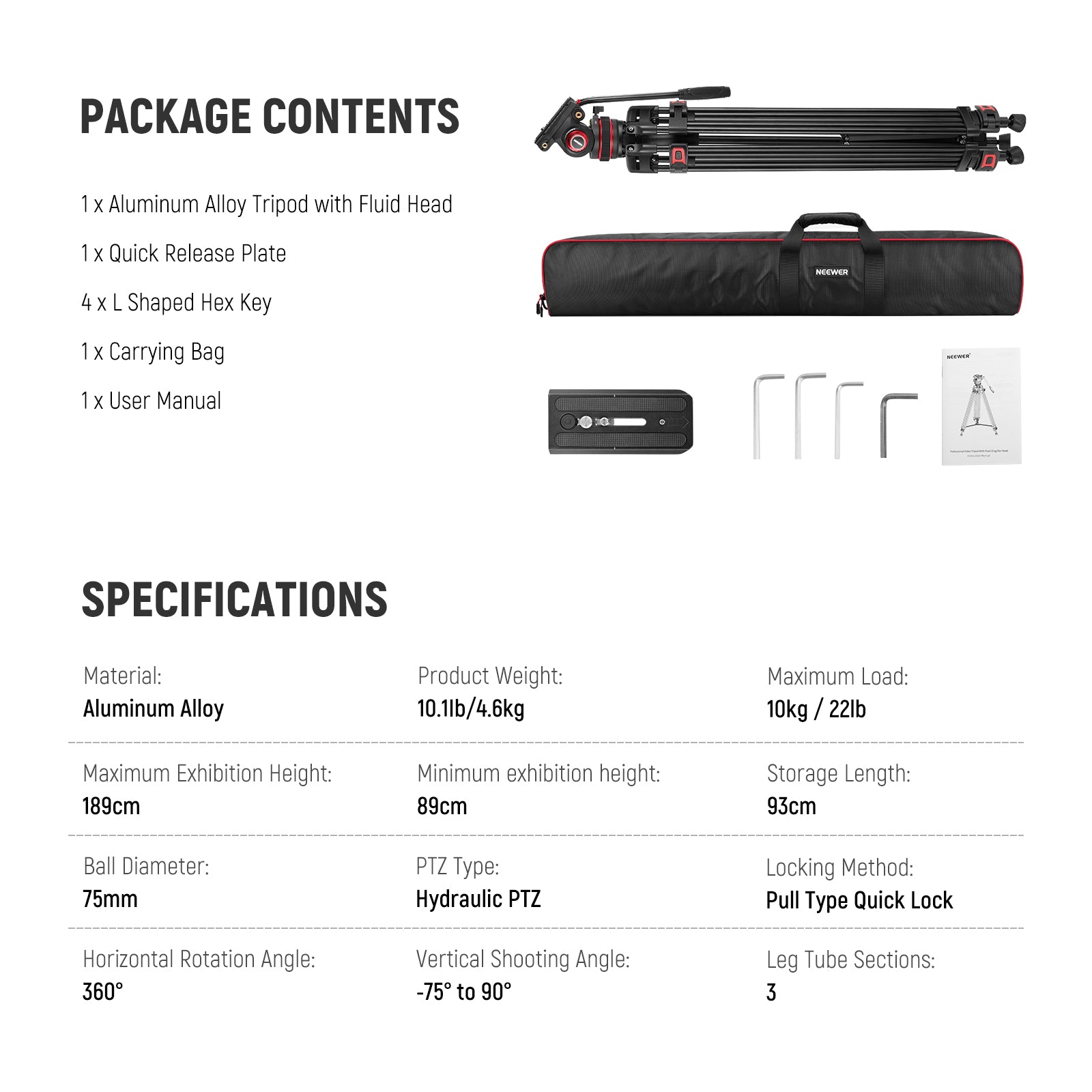Package Contents of the NEEWER TP75 Pro Video Tripod