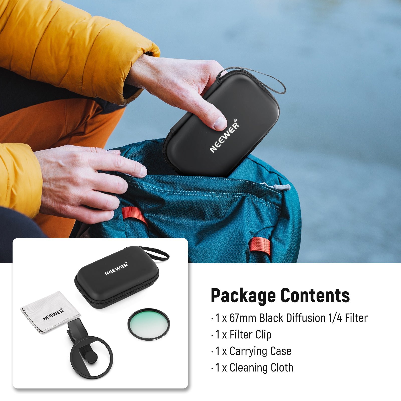 Package Contents of the NEEWER FL-B24 Black Diffusion Phone Filter for iPhone