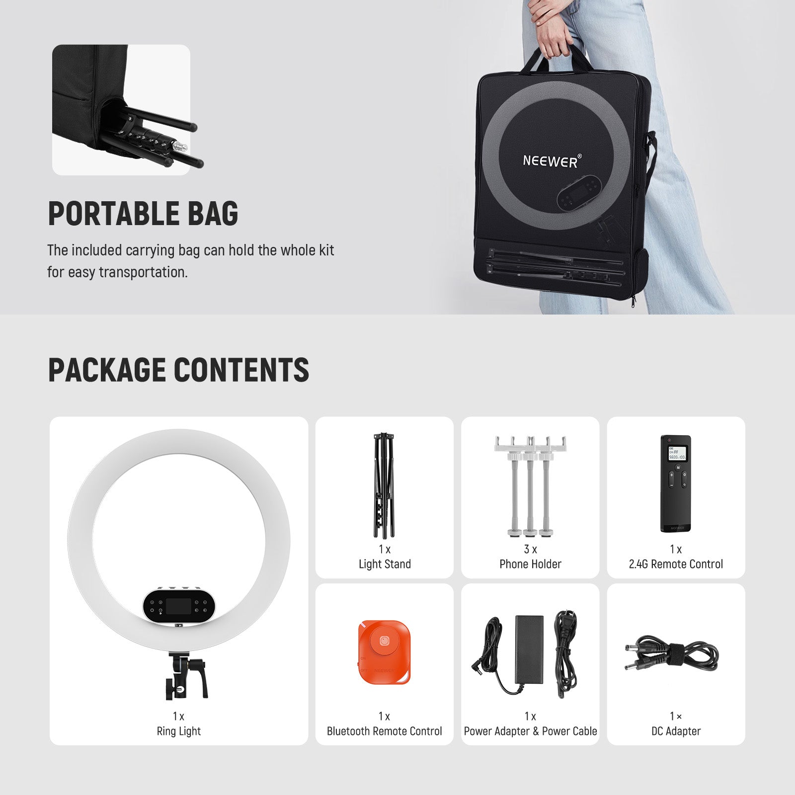 Package Contents of the NEEWER RH100B LED Ring Light