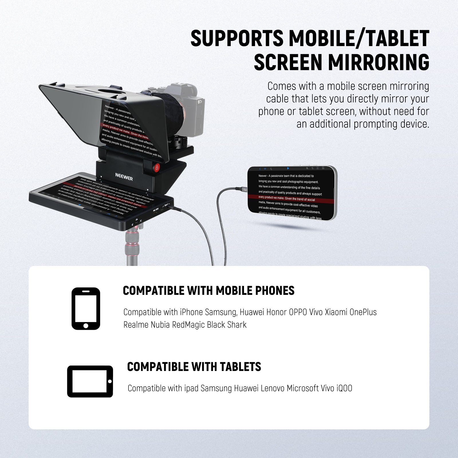 NEEWER X11 2-In-1 Pro Teleprompter features a mobile screen mirroring cable.