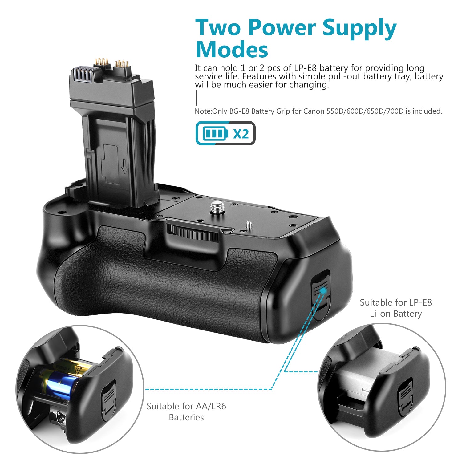 NEEWER BG-E8 Replacement Battery Grip features two power supply modes.