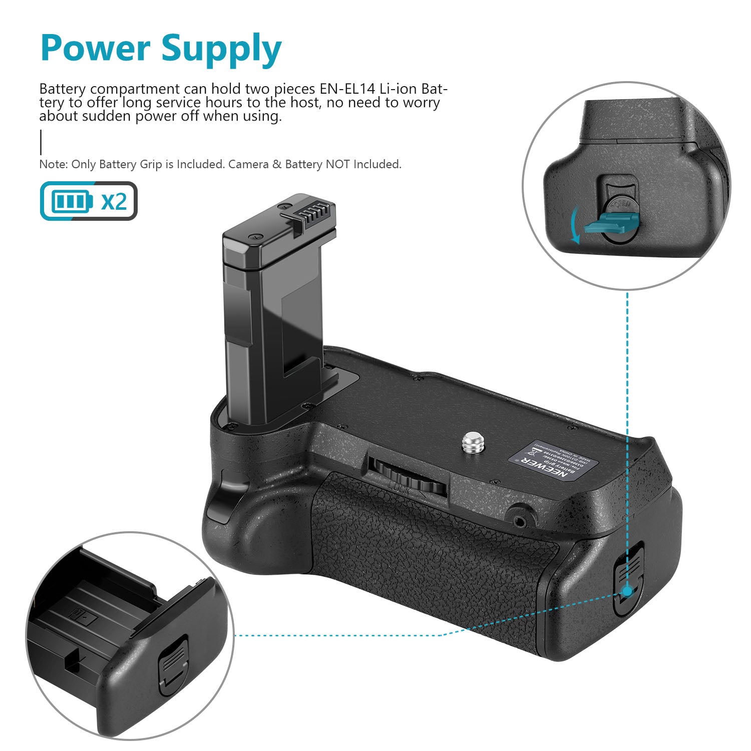 NEEWER BG-2F Battery Grip can hold two EN-EL14 rechargeable battery packs.