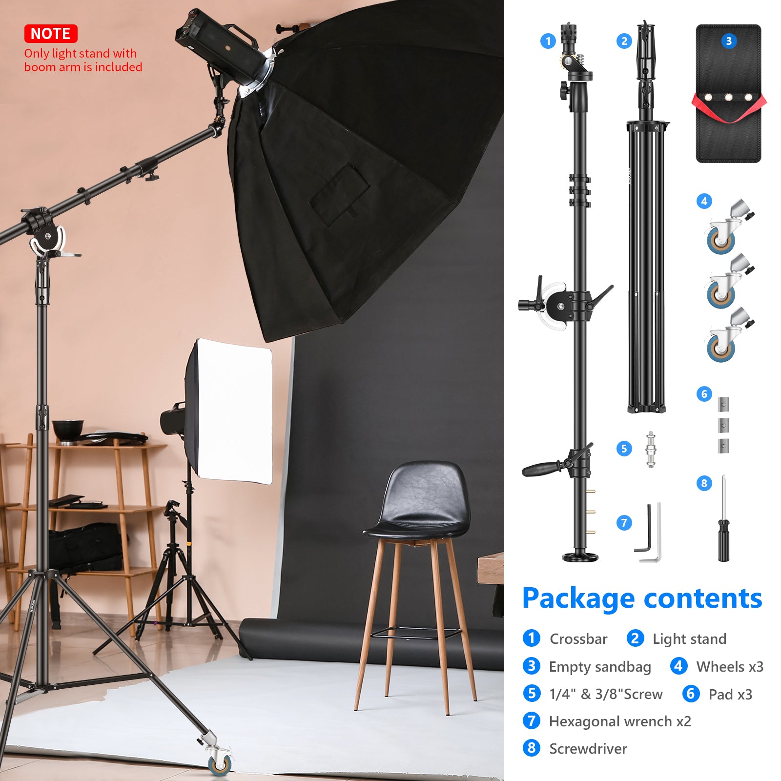 Package Contents of the NEEWER 7.9'/2.4M Photography Heavy Duty Wheeled Base Tripod Stand