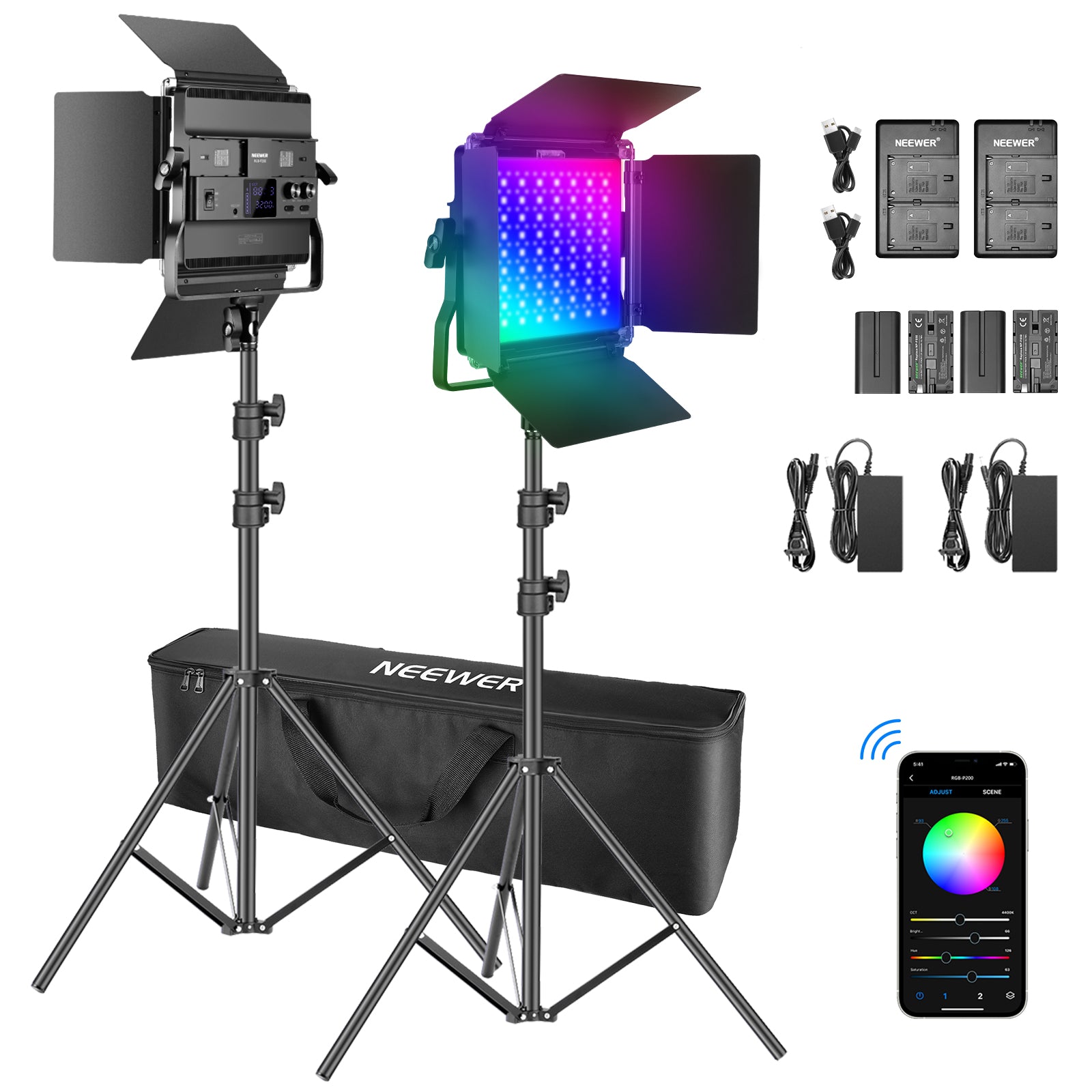 Neewer P200 2 Packs RGB LED Video Light Battery Kit with APP Control 