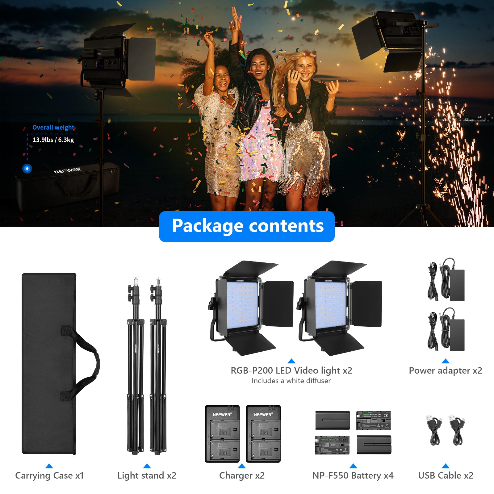 Neewer P200 2 Packs RGB LED Video Light Battery Kit with APP Control 