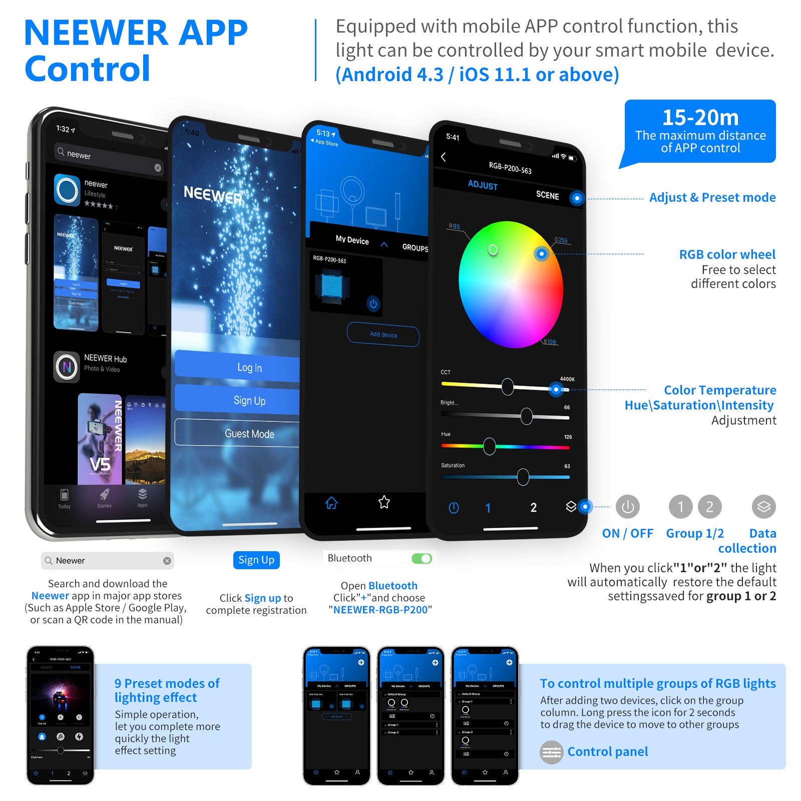 Neewer P200 2 Packs RGB LED Video Light Battery Kit with APP Control 
