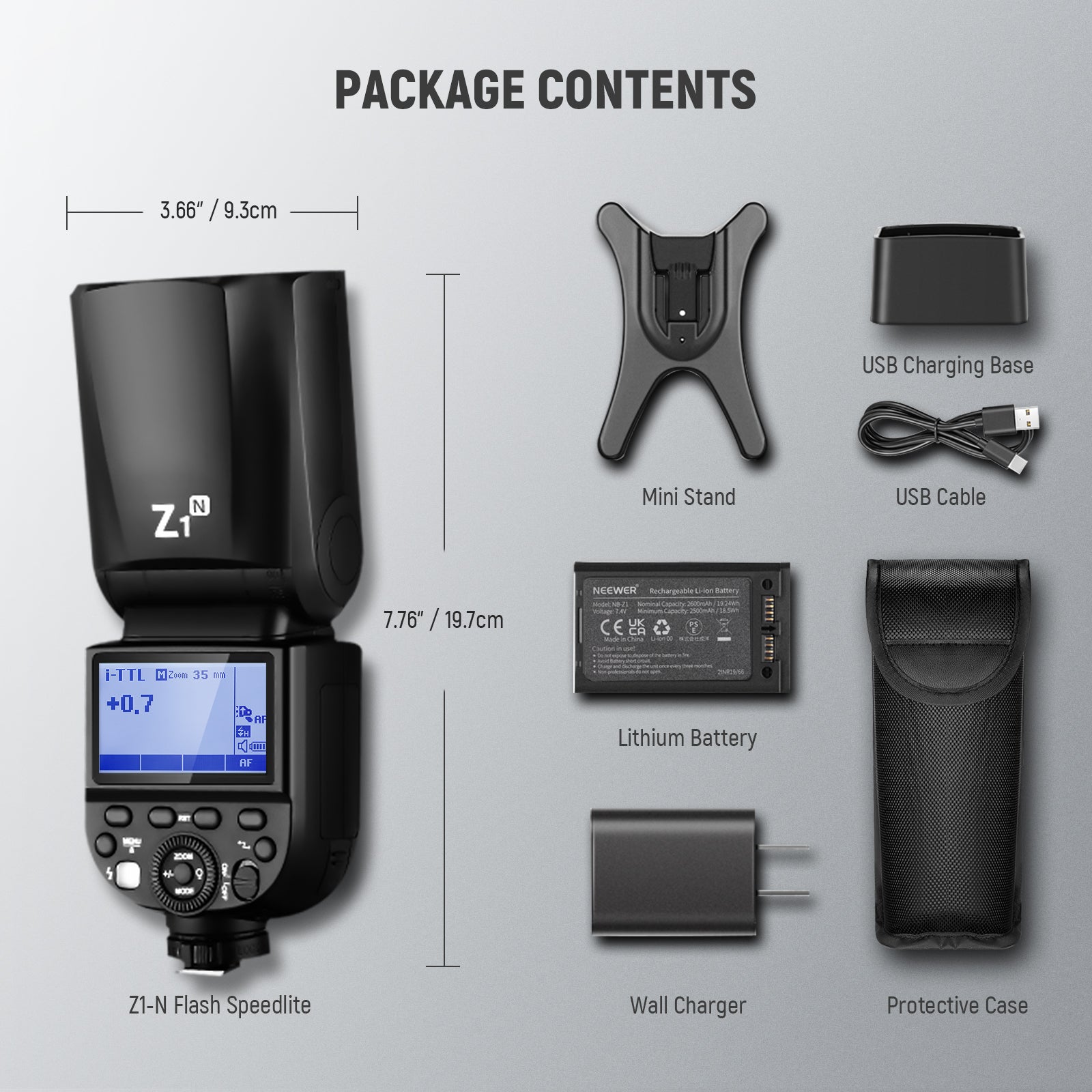 Package Contents of the NEEWER Z1-N Camera Flash Light for Nikon