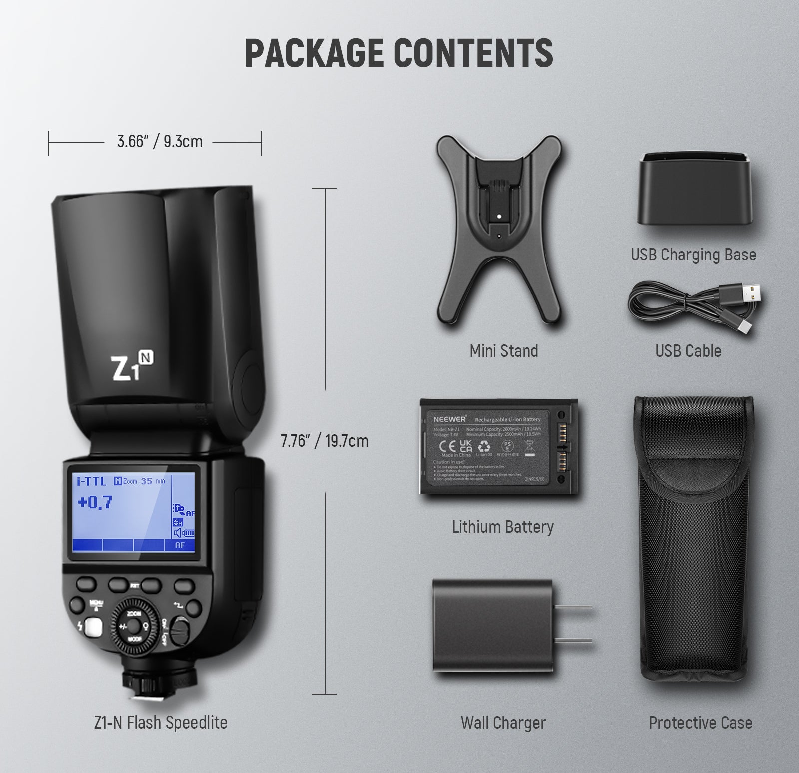 Package Contents of the NEEWER Z1-N Camera Flash Light for Nikon