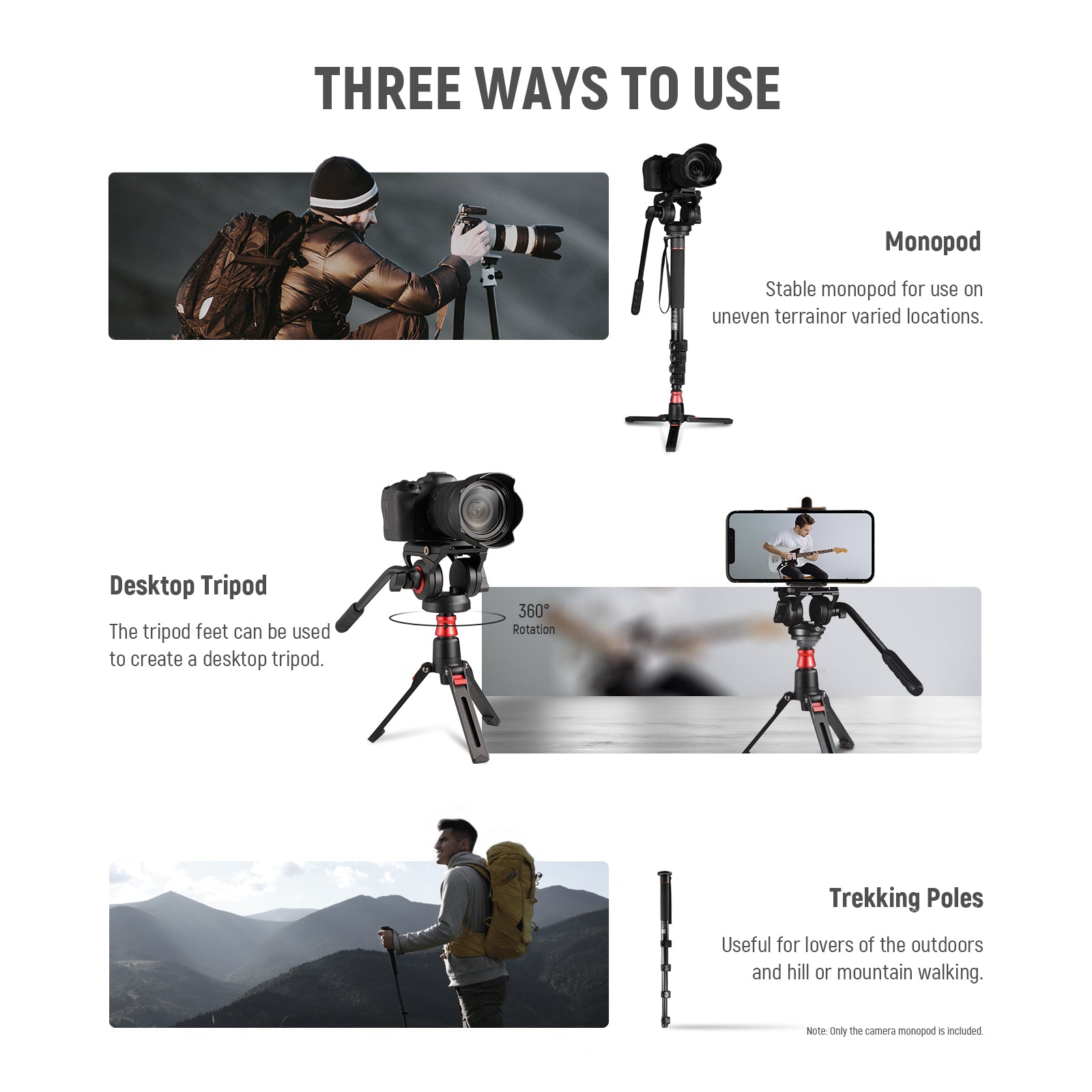 NEEWER GM76 Professional Camera Monopod offers 3 ways to use.