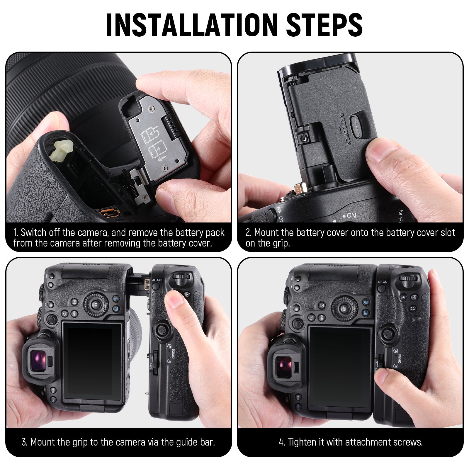 Installation steps of the NEEWER BG-R10 Replacement Battery Grip