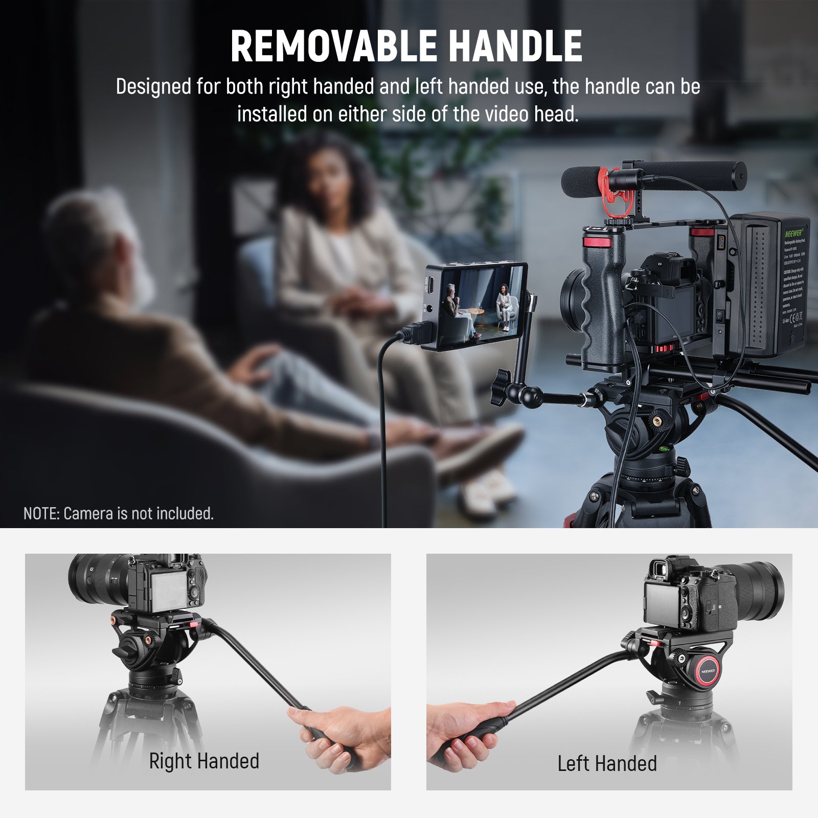 The handle can be installed on either side of the NEEWER TP74 Pro Video Tripod
