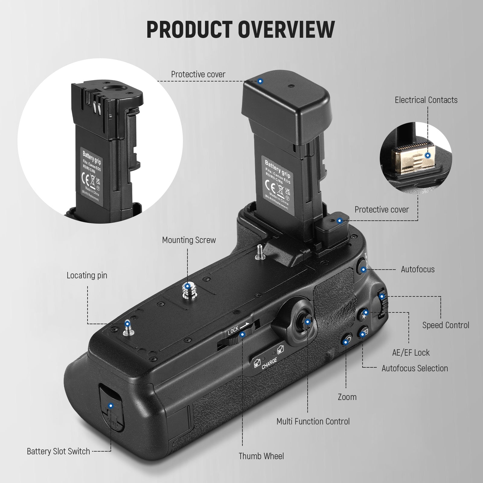 Product details of the NEEWER BG-R10 Battery Grip for Canon EOS R5/R5 C/R6/R6 Mark II